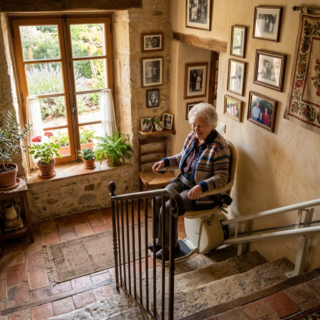 Personne senior souriante assise dans son monte-escalier dans un mas provençal lumineux